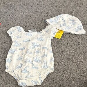 GAP White & Light Blue Printed Baby One-Piece with Sun Hat